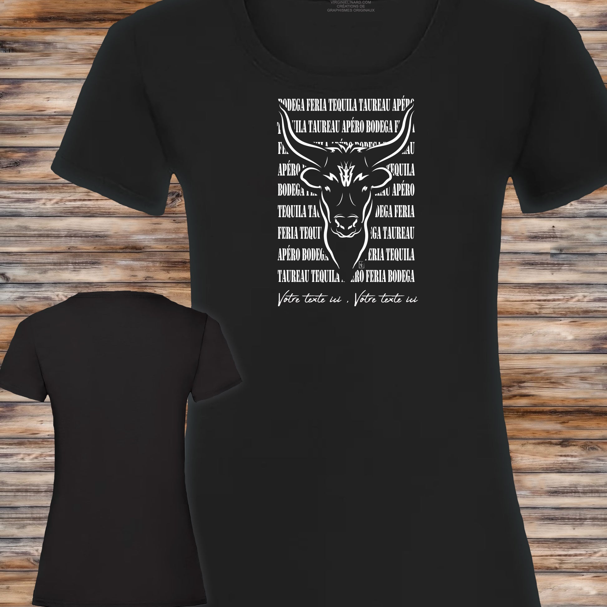 Taureau féria bodega Graphisme sur T-shirt noir femme à personnaliser avec un texte. Création Virginie Linard ©.