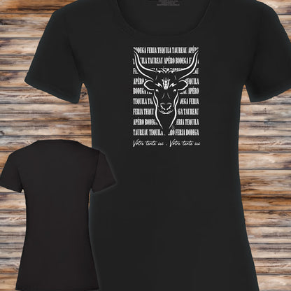 Taureau féria bodega Graphisme sur T-shirt noir femme à personnaliser avec un texte. Création Virginie Linard ©.