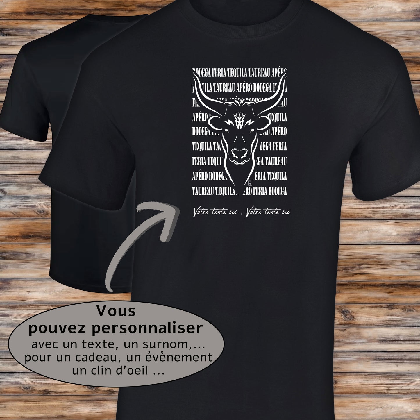 Taureau féria bodega Graphisme sur T-shirt noir Homme à personnaliser avec un texte. Création Virginie Linard ©.
