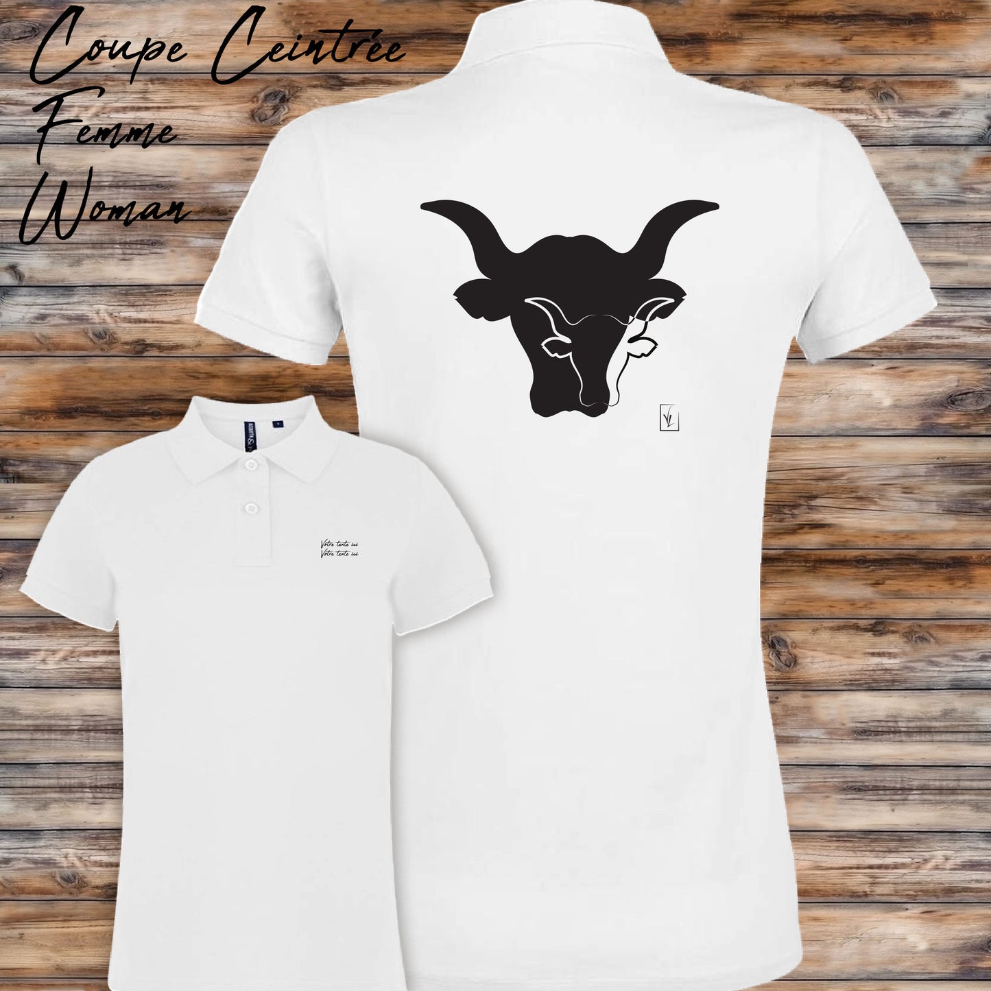 Taureaux sigle logo , graphisme sur polo blanc femme à personnaliser avec un texte. Création Virginie Linard ©.