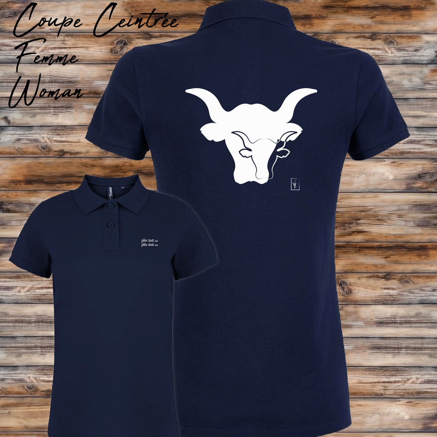 Taureaux sigle logo , graphisme sur polo bleu femme à personnaliser avec un texte. Création Virginie Linard ©.