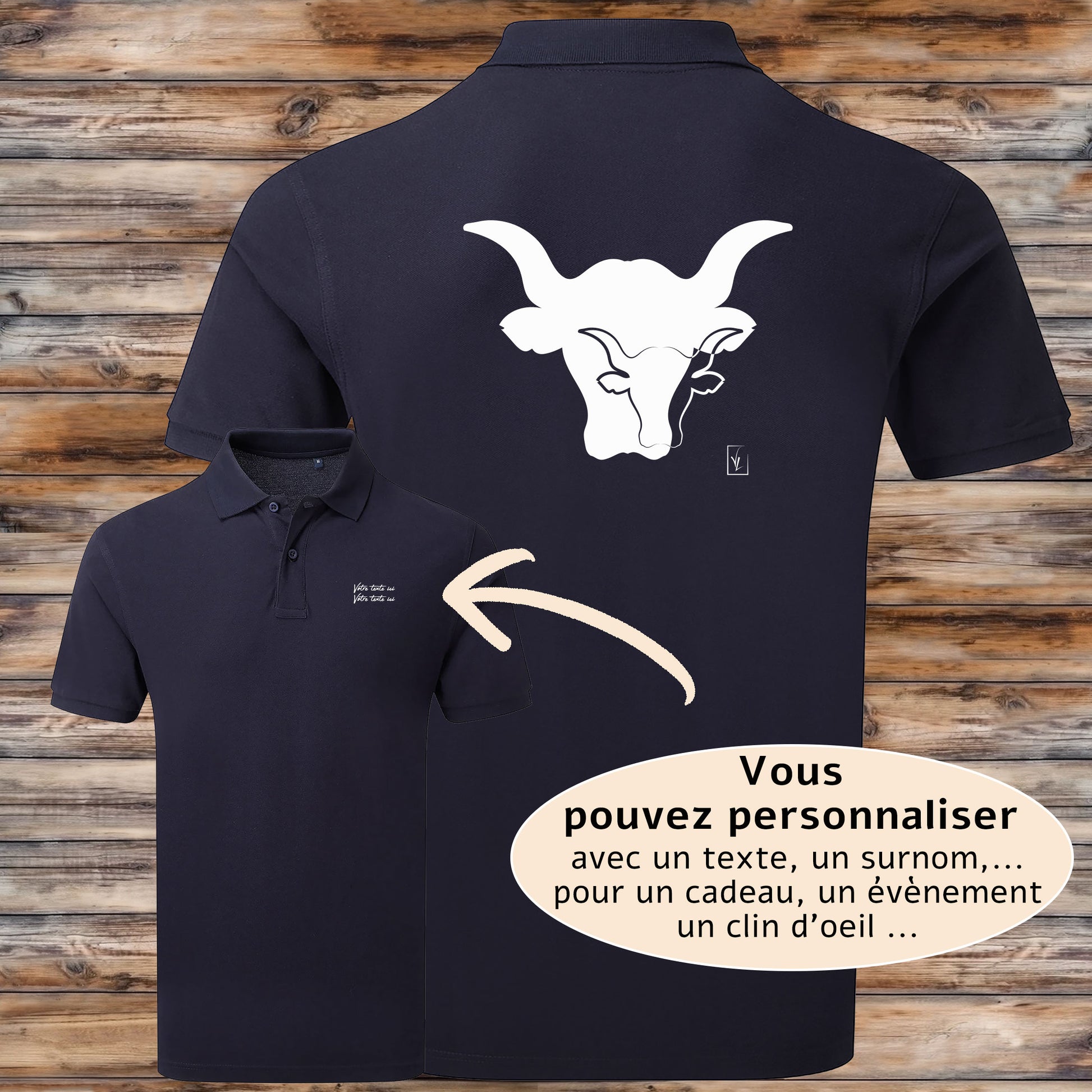 Taureaux sigle logo , graphisme sur polo bleu homme à personnaliser avec un texte. Création Virginie Linard ©.