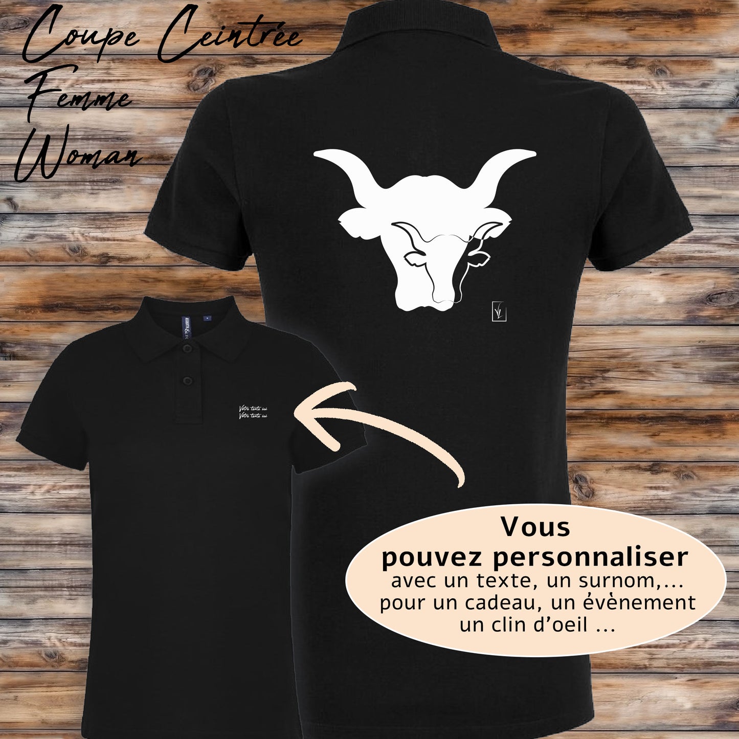 Taureaux sigle logo , graphisme sur polo noir femme à personnaliser avec un texte. Création Virginie Linard ©.