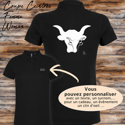 Taureaux sigle logo , graphisme sur polo noir femme à personnaliser avec un texte. Création Virginie Linard ©.