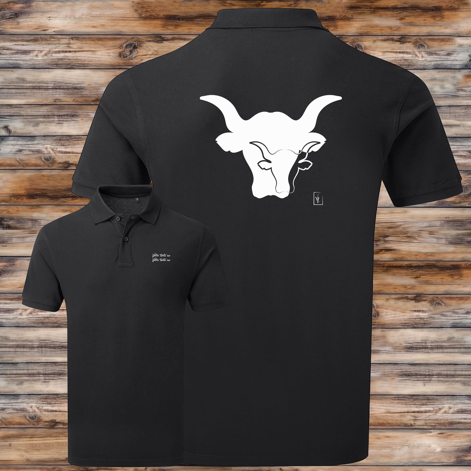 Taureaux sigle logo , graphisme sur polo noir homme à personnaliser avec un texte. Création Virginie Linard ©.