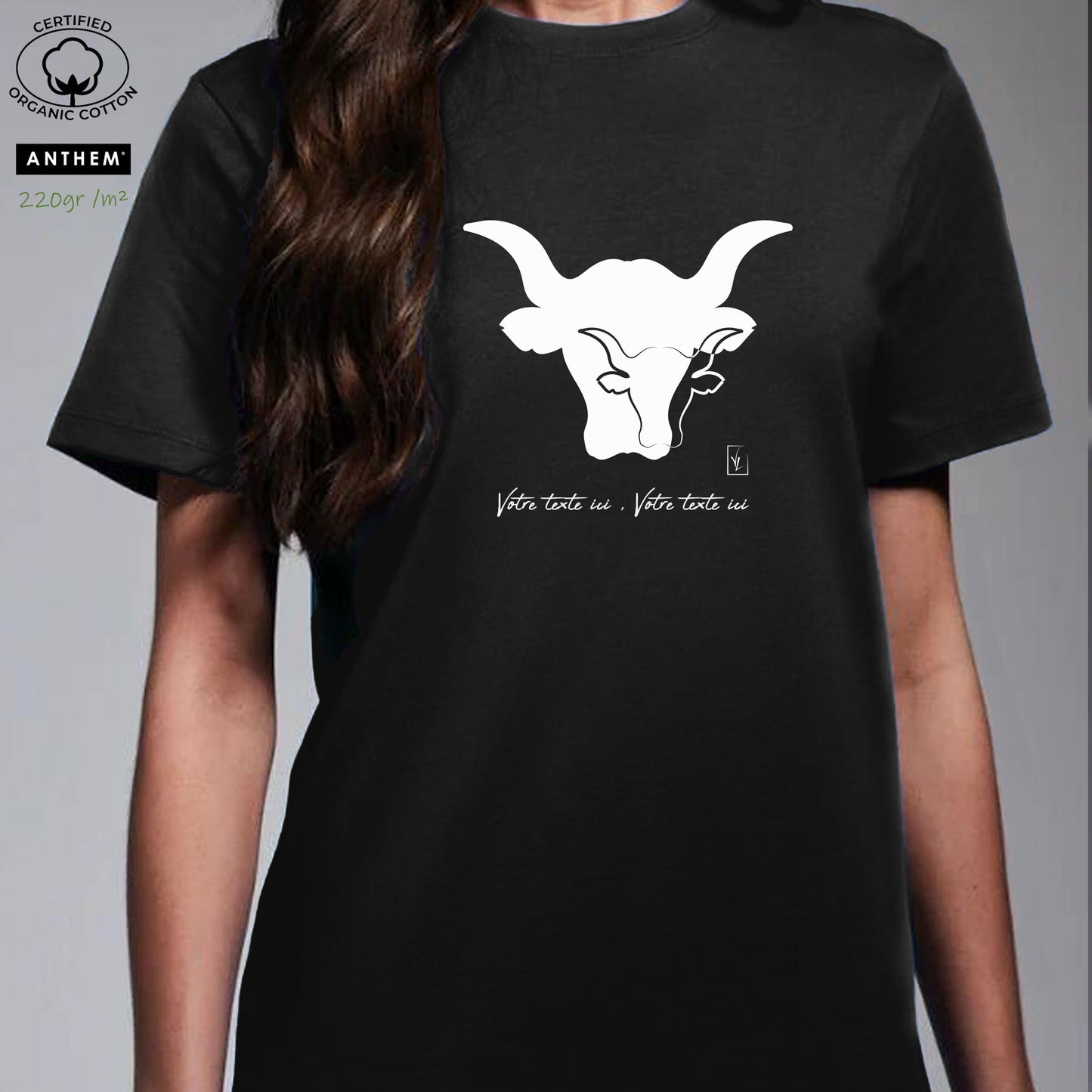 Taureau Camargue Corrida Tauromachie, graphisme sur t-shirt bio épais 220g noir unisexe, à personnaliser avec un texte. Création Virginie Linard ©.