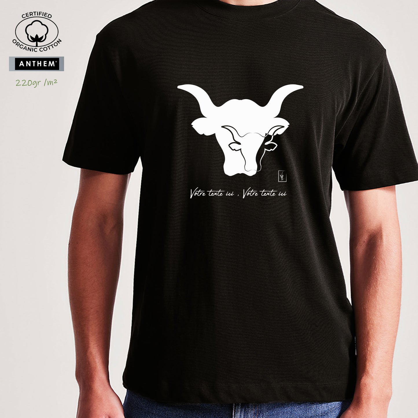 Taureau Camargue Corrida Tauromachie, graphisme sur t-shirt bio épais 220g noir unisexe, à personnaliser avec un texte. Création Virginie Linard ©.