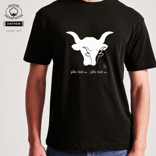 Taureau Camargue Corrida Tauromachie, graphisme sur t-shirt bio épais 220g noir unisexe, à personnaliser avec un texte. Création Virginie Linard ©.