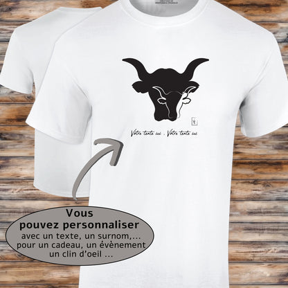 Taureau sur t-shirt blanc homme à personnaliser avec un texte, création Virginie Linard ©.