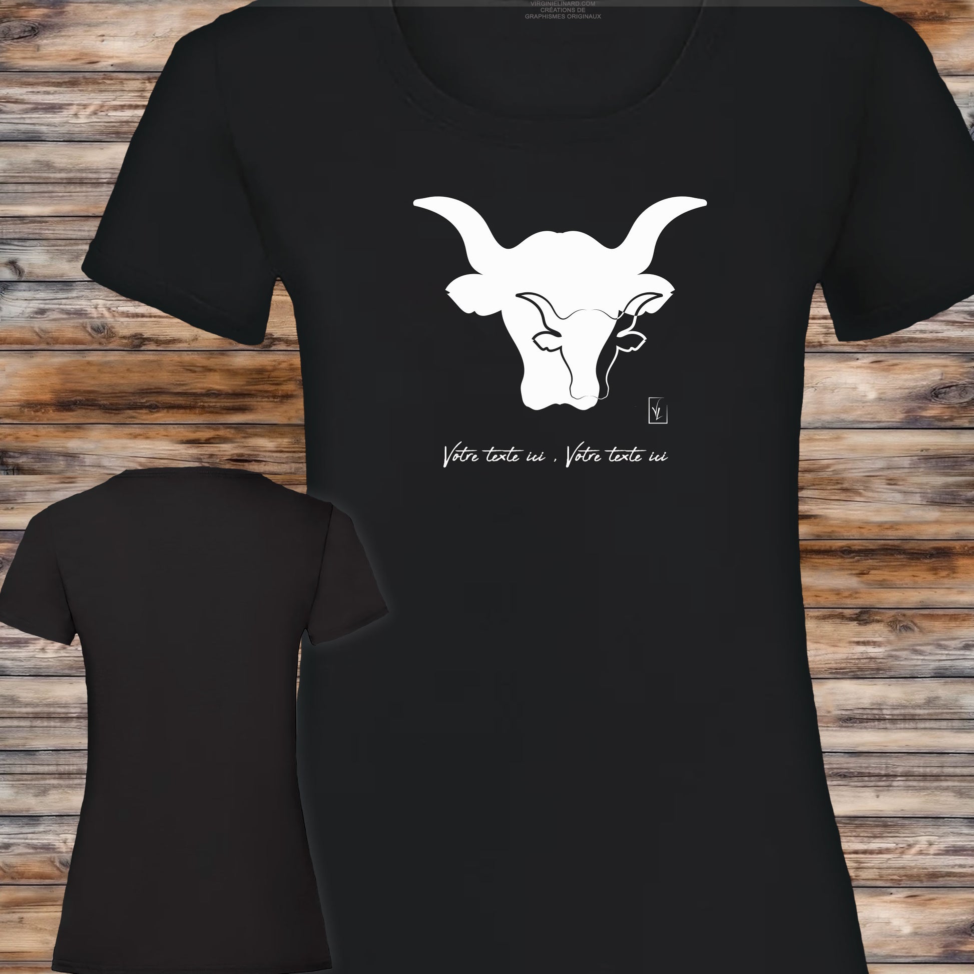 Taureau sur t-shirt noir femme à personnaliser avec un texte, création Virginie Linard ©.