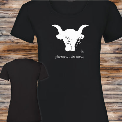 Taureau sur t-shirt noir femme à personnaliser avec un texte, création Virginie Linard ©.