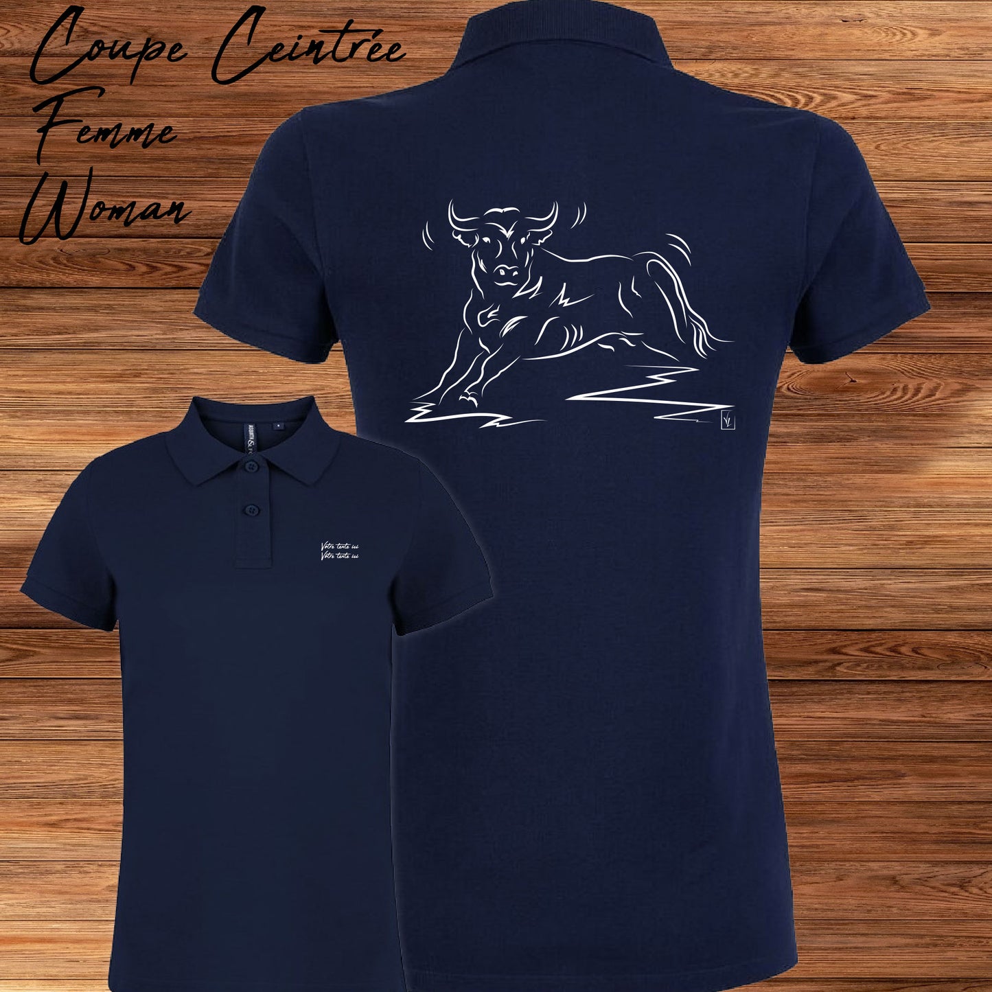 Taureau corrida tauromachie Camargue, graphisme sur polo bleu homme à personnaliser avec du texte. Création Virginie Linard ©.