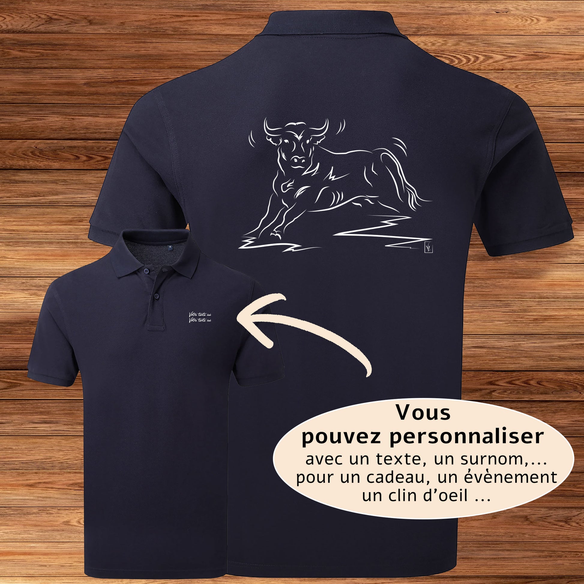 Taureau corrida tauromachie Camargue, graphisme sur polo bleu homme à personnaliser avec du texte. Création Virginie Linard ©.
