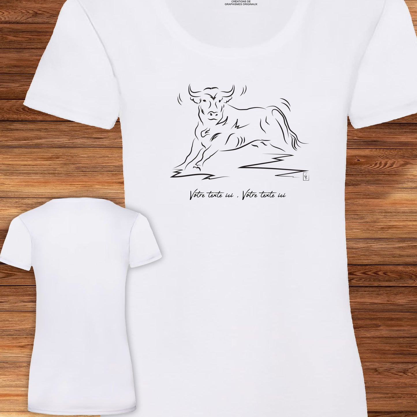 Taureau Corrida Tauromachie Camargue, graphisme sur t-shirt blanc femme à personnaliser avec du texte. Création Virginie Linard ©.