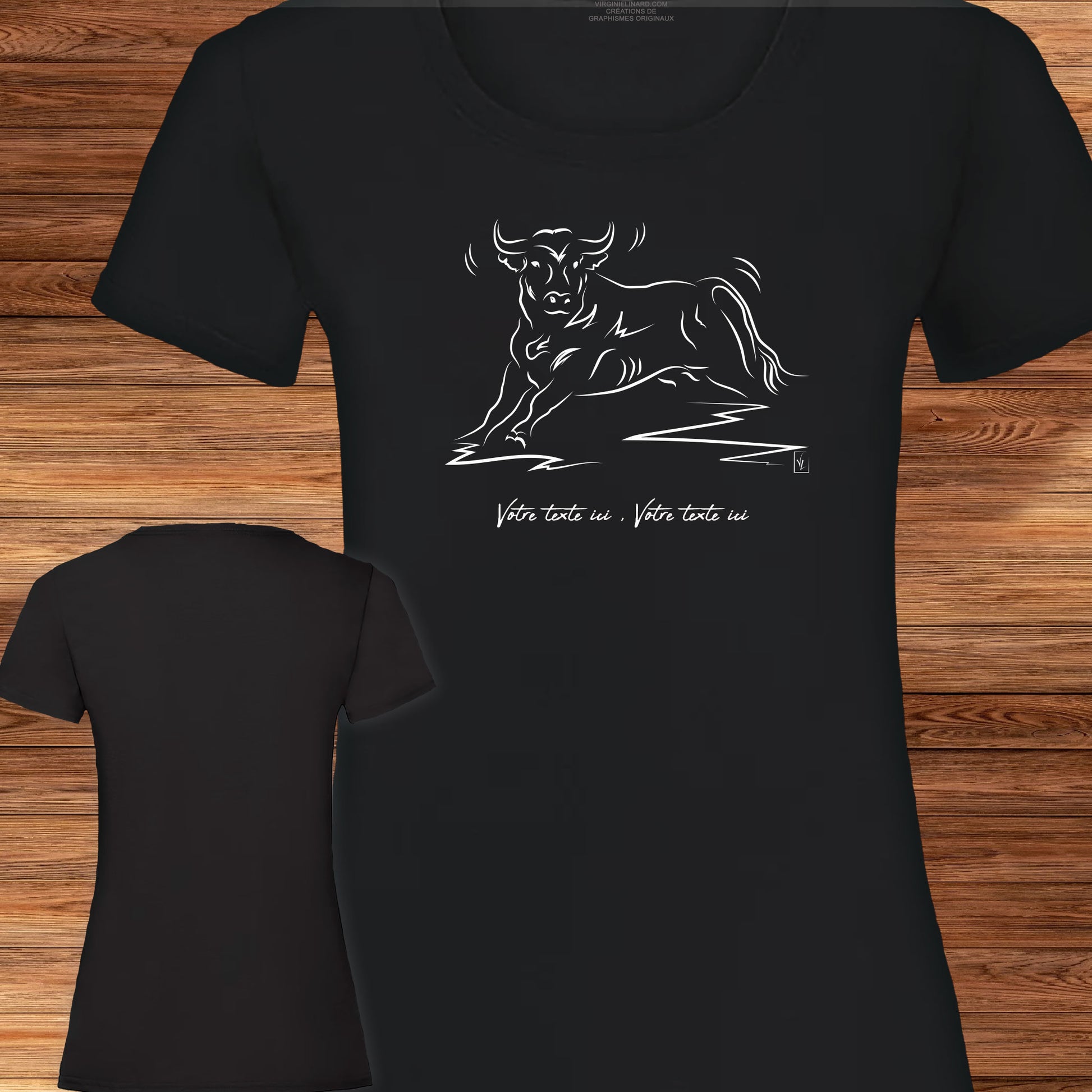 Taureau Corrida Tauromachie Camargue, graphisme sur t-shirt noir femme à personnaliser avec du texte. Création Virginie Linard ©.