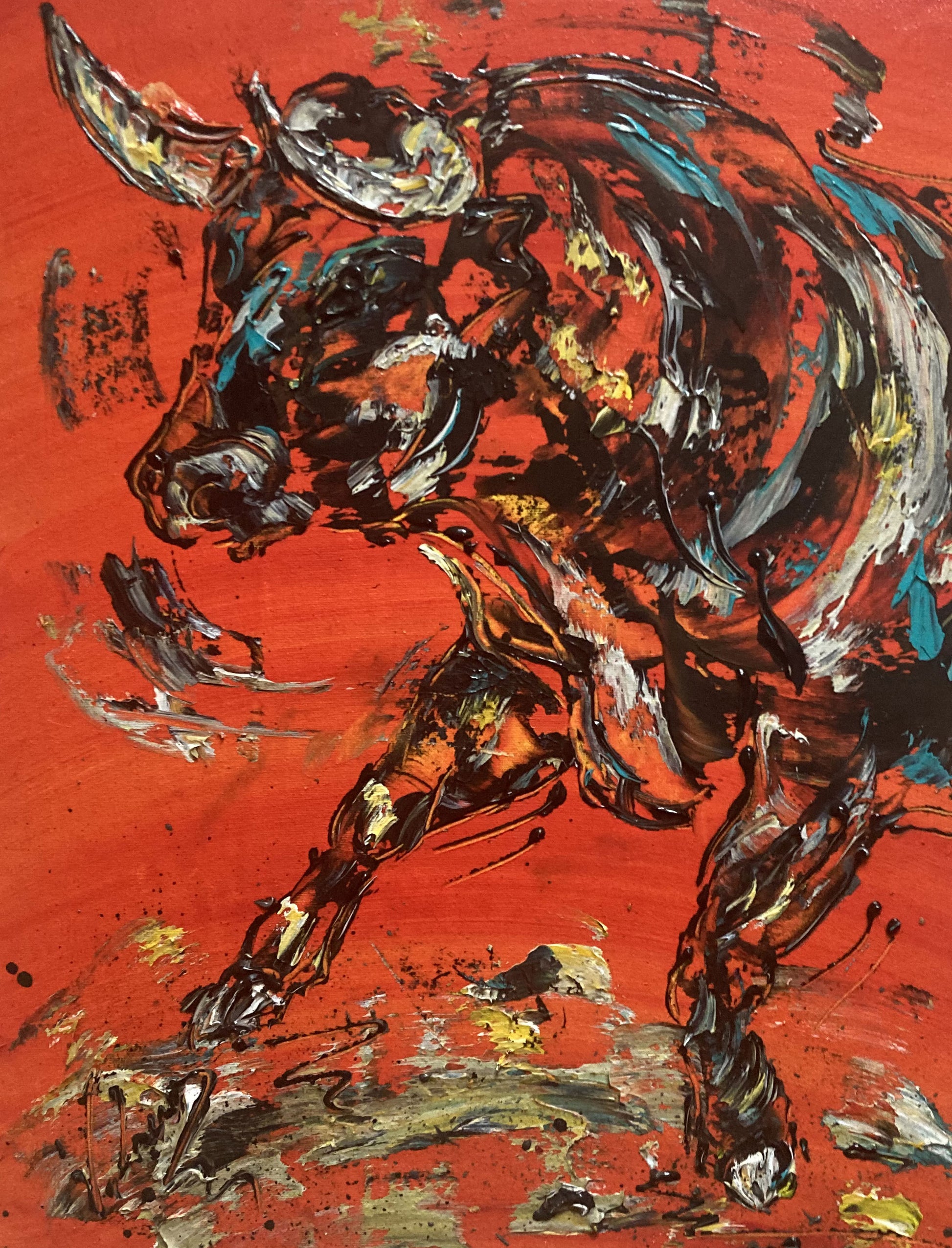 Tableau Taureau fond rouge, peinture sur toile format 30x40 cm. Original unique. Création peintre Virginie Linard ©.