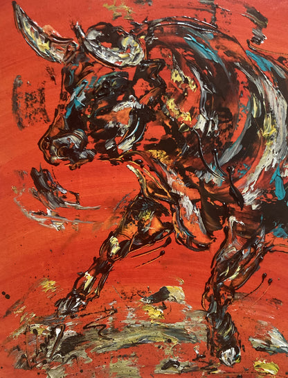 Tableau Taureau fond rouge, peinture sur toile format 30x40 cm. Original unique. Création peintre Virginie Linard ©.