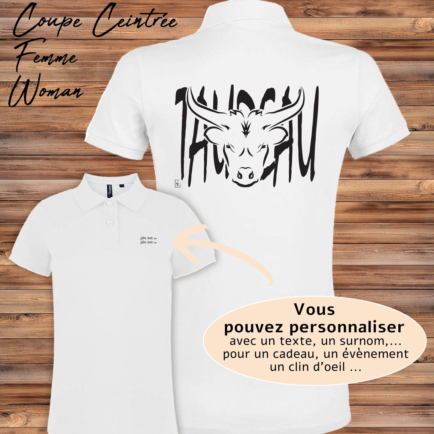Tête de Taureau Corrida Tauromachie Course Camarguaise, Graphisme sur polo blanc femme à personnaliser avec un texte. Création Virginie Linard ©.