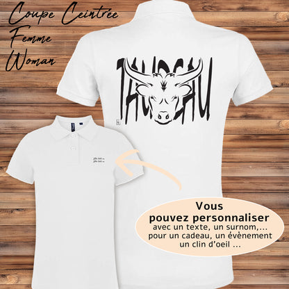Tête de Taureau Corrida Tauromachie Course Camarguaise, Graphisme sur polo blanc femme à personnaliser avec un texte. Création Virginie Linard ©.