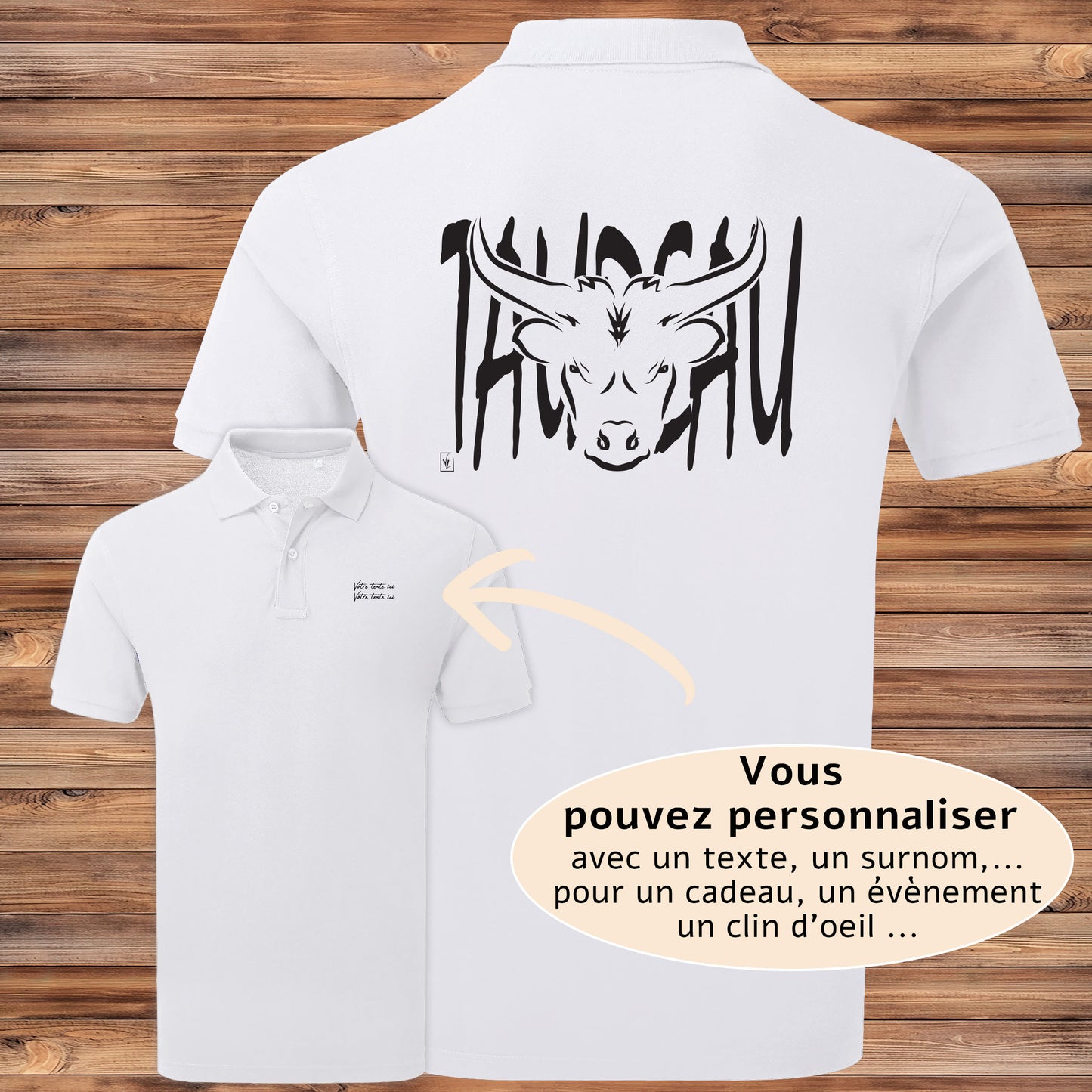 Tête de Taureau Corrida Tauromachie Course Camarguaise, Graphisme sur polo blanc homme à personnaliser avec un texte. Création Virginie Linard ©.
