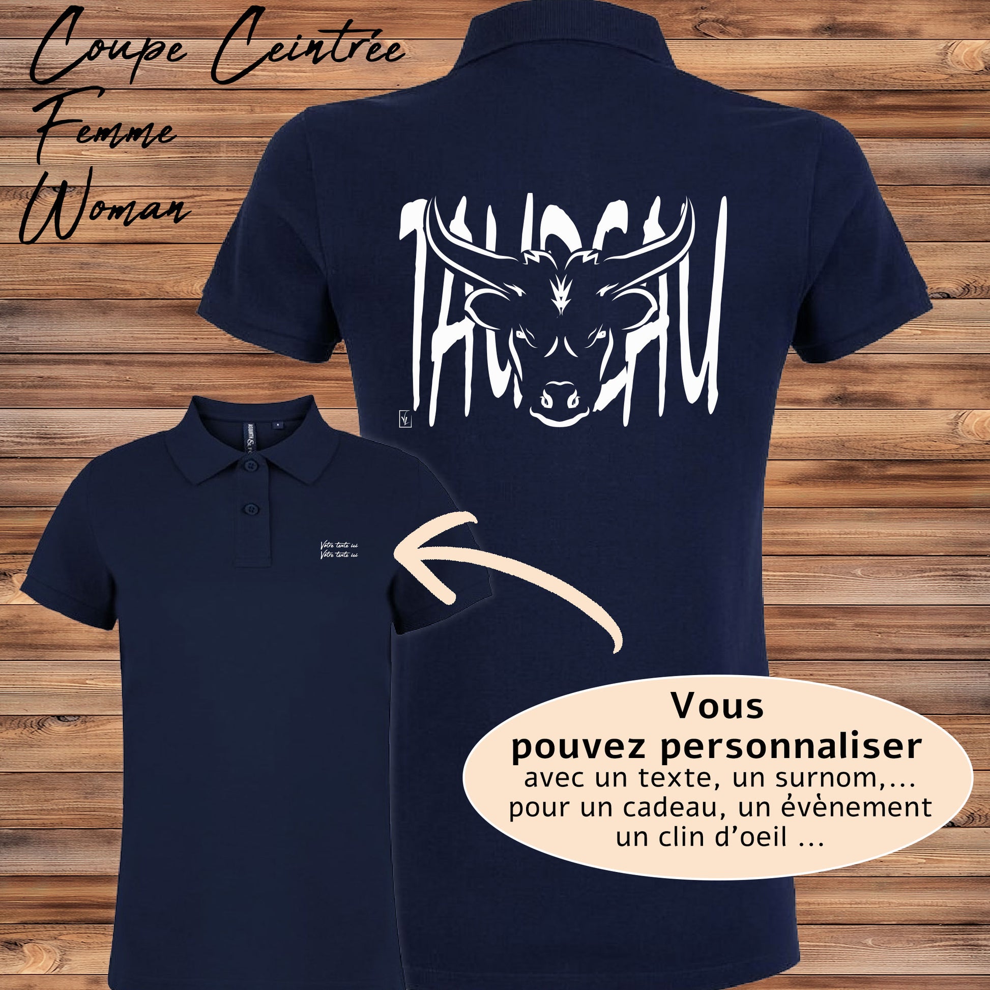 Tête de Taureau Corrida Tauromachie Course Camarguaise, Graphisme sur polo bleu femme à personnaliser avec un texte. Création Virginie Linard ©.