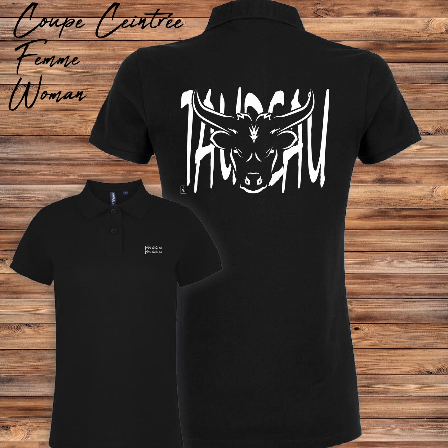 Tête de Taureau Corrida Tauromachie Course Camarguaise, Graphisme sur polo noir femme à personnaliser avec un texte. Création Virginie Linard ©.