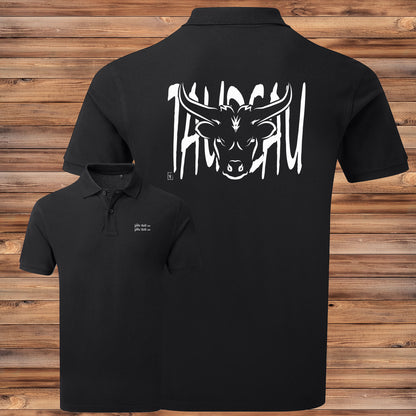 Tête de Taureau Corrida Tauromachie Course Camarguaise, Graphisme sur polo noir homme  à personnaliser avec un texte. Création Virginie Linard ©.