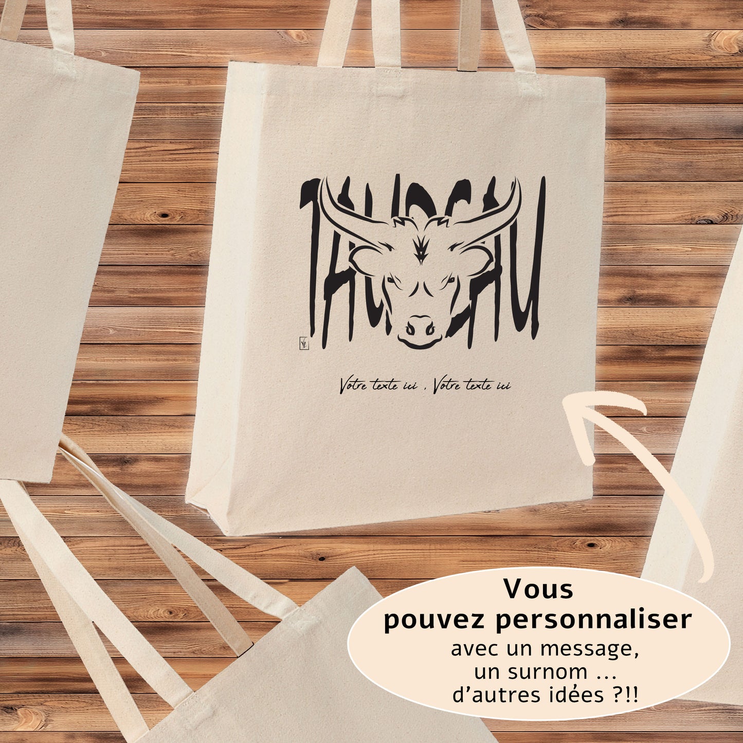 Tête de Taureau Corrida Tauromachie Course Camarguaise, Graphisme sur sac tote-bag beige à personnaliser avec un texte. Création Virginie Linard ©.