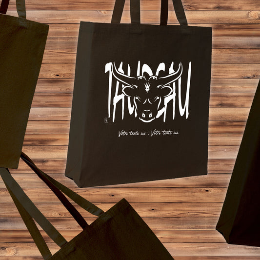 Tête de Taureau Corrida Tauromachie Course Camarguaise, Graphisme sur sac tote-bag noir à personnaliser avec un texte. Création Virginie Linard ©.
