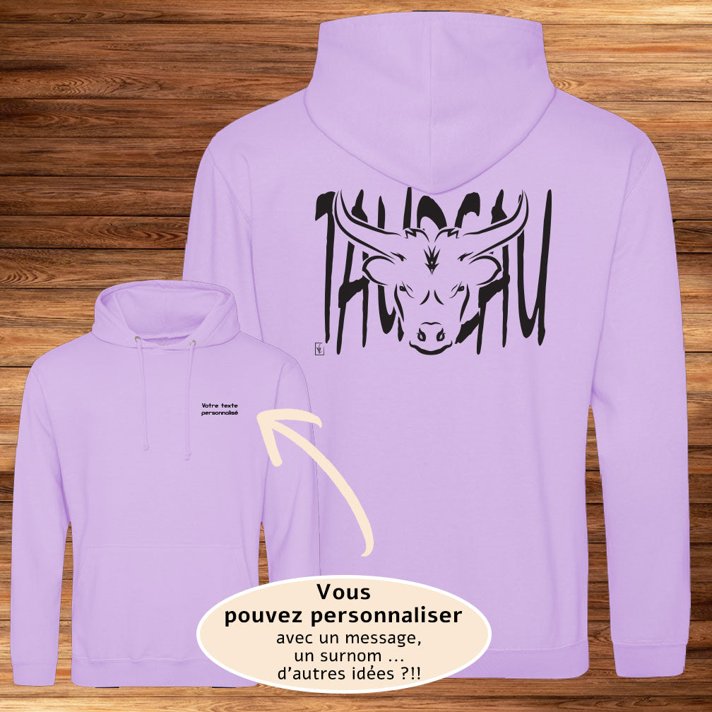 Tête de Taureau Corrida Tauromachie Course Camarguaise, Graphisme sur Sweat-shirt lavande à personnaliser avec un texte. Création Virginie Linard ©.