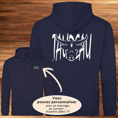 Tête de Taureau Corrida Tauromachie Course Camarguaise, Graphisme sur Sweat-shirt bleu à personnaliser avec un texte. Création Virginie Linard ©.