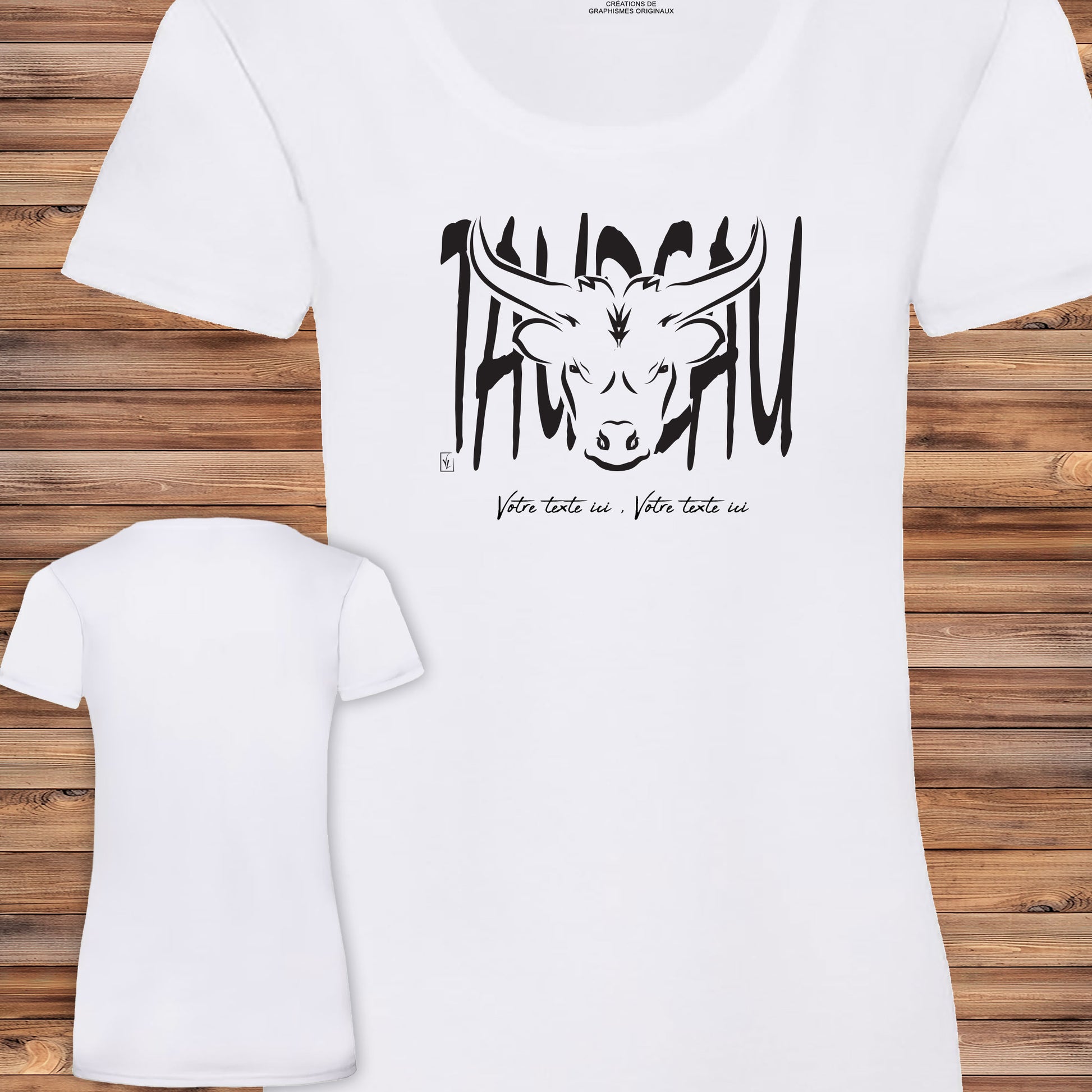 Taureau Graphisme sur T-shirt blanc femme à personnaliser avec un texte. Création Virginie Linard ©.