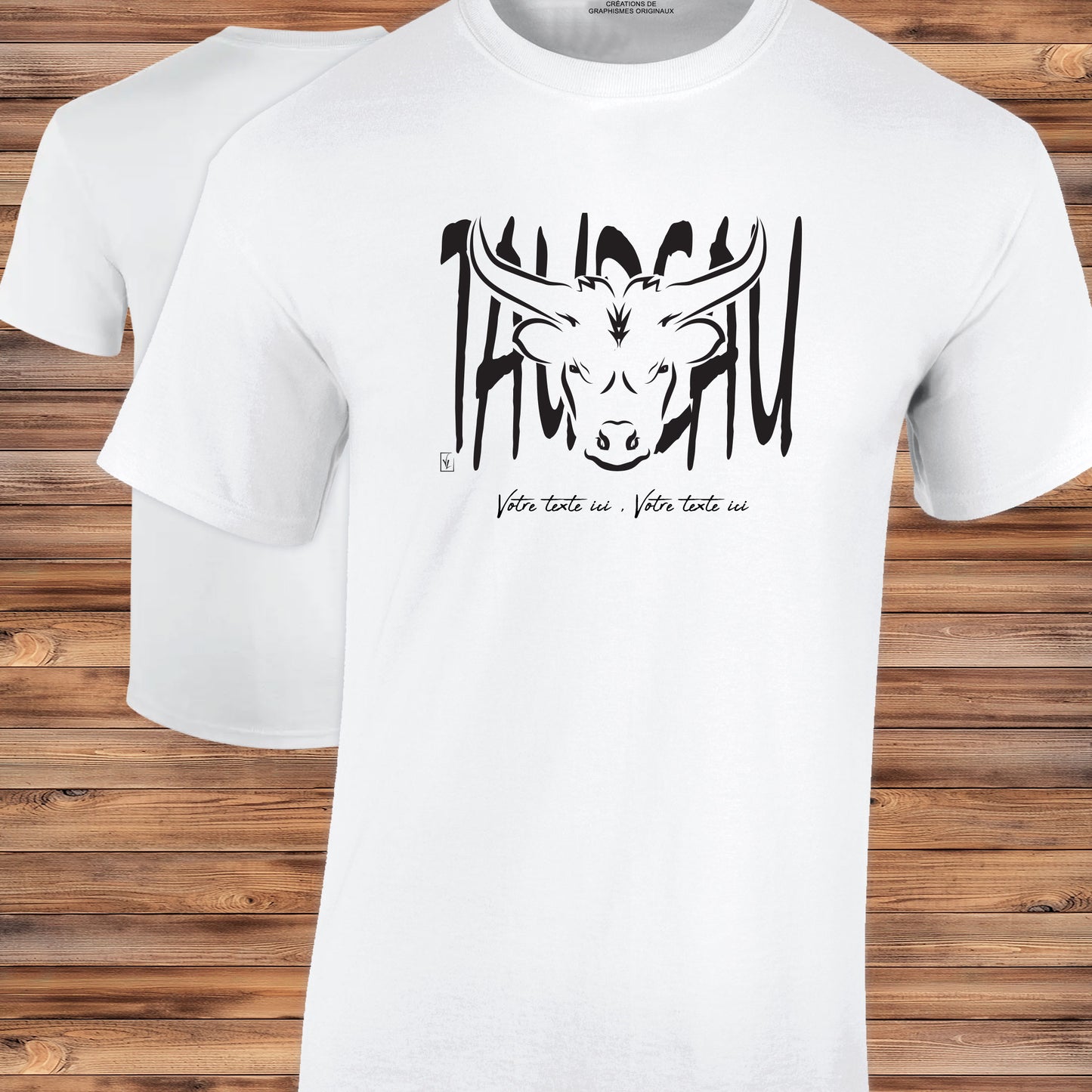Taureau Graphisme sur T-shirt blanc homme à personnaliser avec un texte. Création Virginie Linard ©.