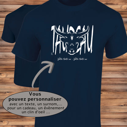 Taureau Graphisme sur T-shirt bleu homme à personnaliser avec un texte. Création Virginie Linard ©.