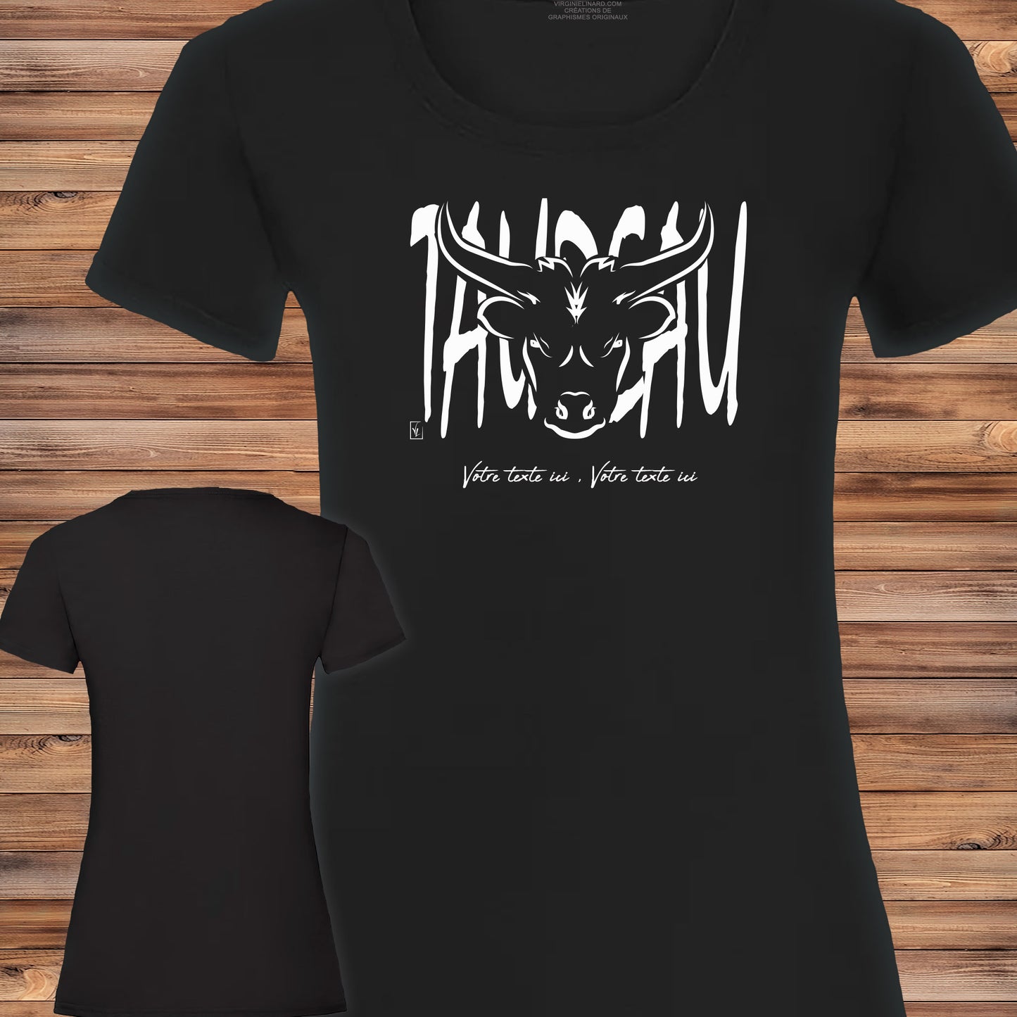 Taureau Graphisme sur T-shirt noir femme à personnaliser avec un texte. Création Virginie Linard ©.