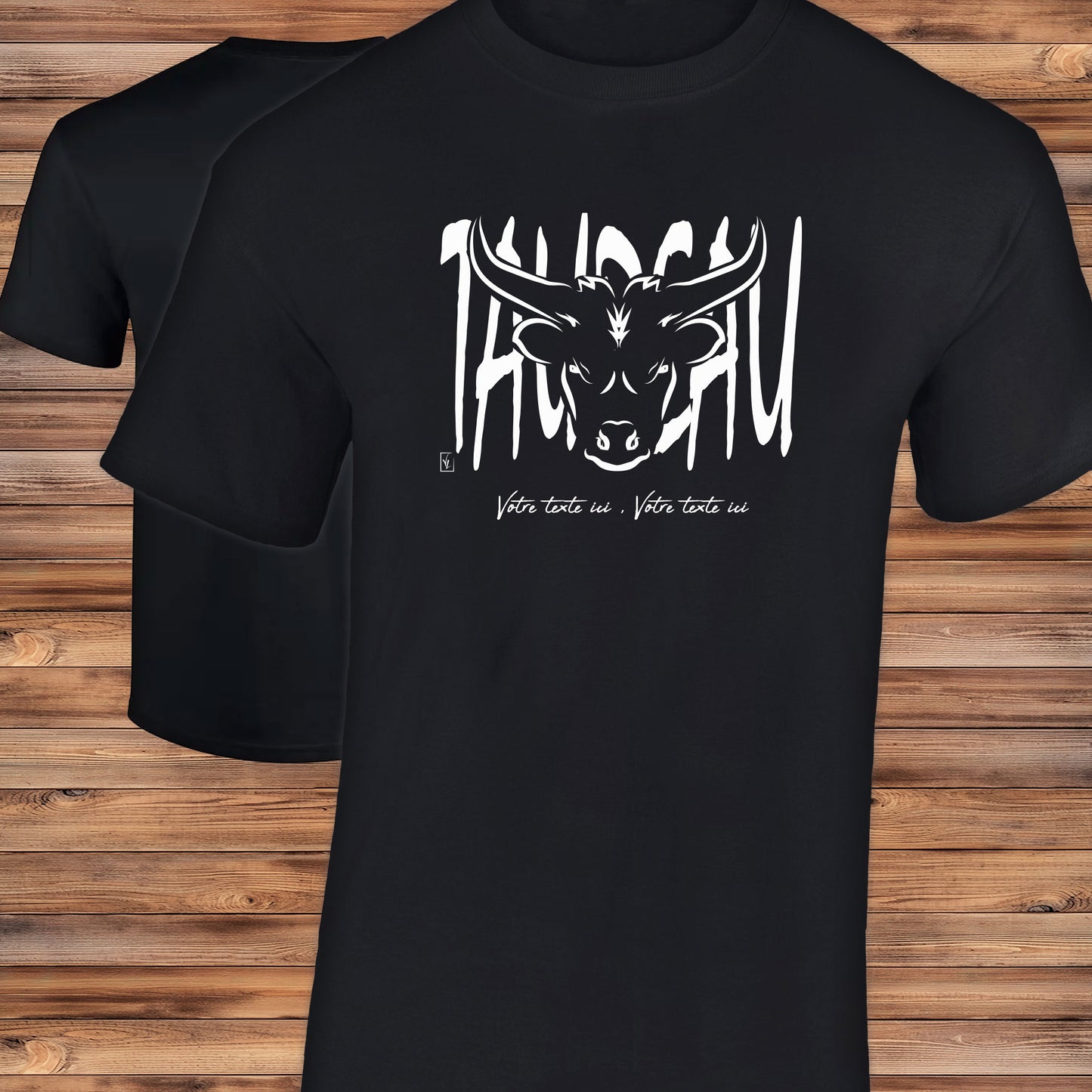Taureau Graphisme sur T-shirt noir homme à personnaliser avec un texte. Création Virginie Linard ©.