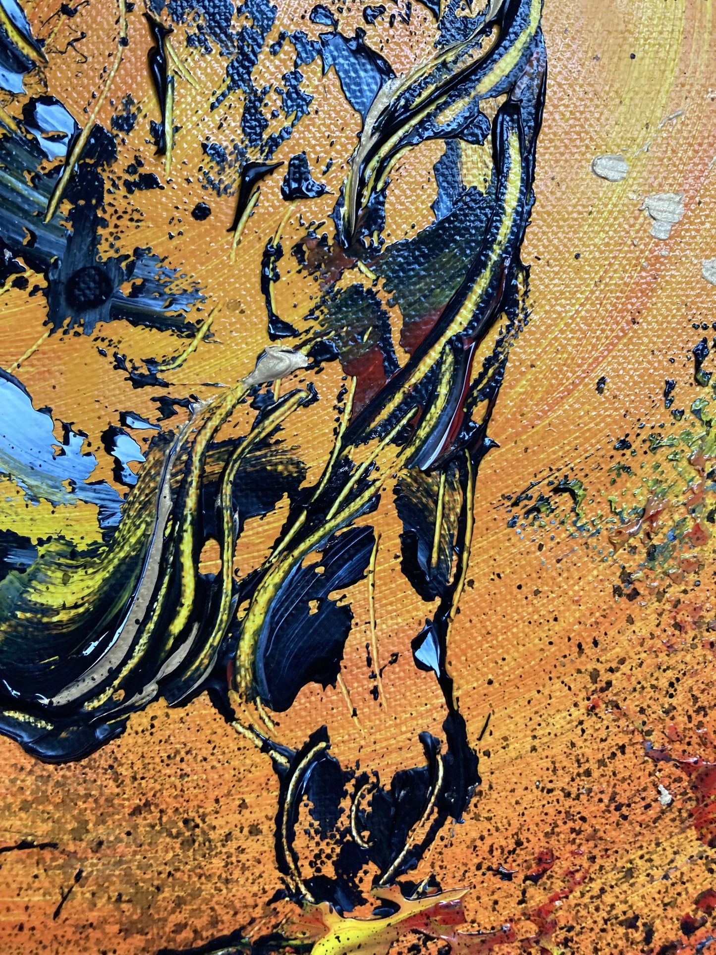 Tableau taureau fond soleil. Peinture sur toile 40x40cm. Détail. Peintre Virginie Linard ©.