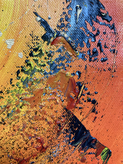 Tableau taureau fond soleil. Peinture sur toile 40x40cm. Détail épaisseur peinture. Peintre Virginie Linard ©.