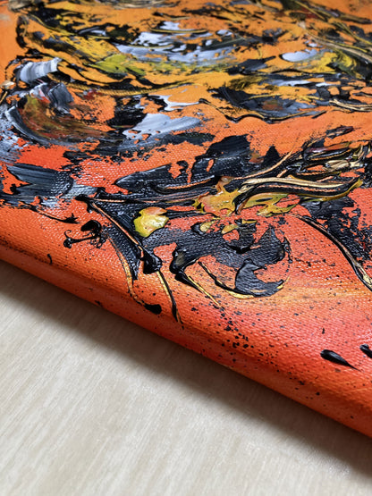 Tableau taureau fond soleil. Peinture sur toile 40x40cm. Détail épaisseur toile. Peintre Virginie Linard ©.