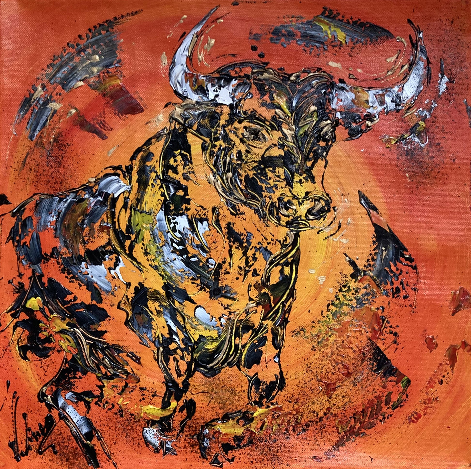 Tableau taureau fond soleil. Peinture sur toile 40x40cm. Peintre Virginie Linard ©.