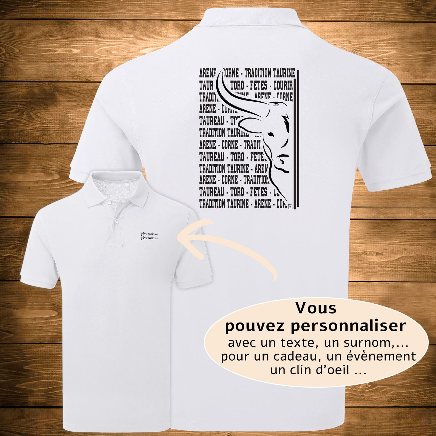 Taureau, tradition taurine, fête votive, graphisme sur polo blanc homme à personnaliser avec un texte. Création Virginie Linard ©.