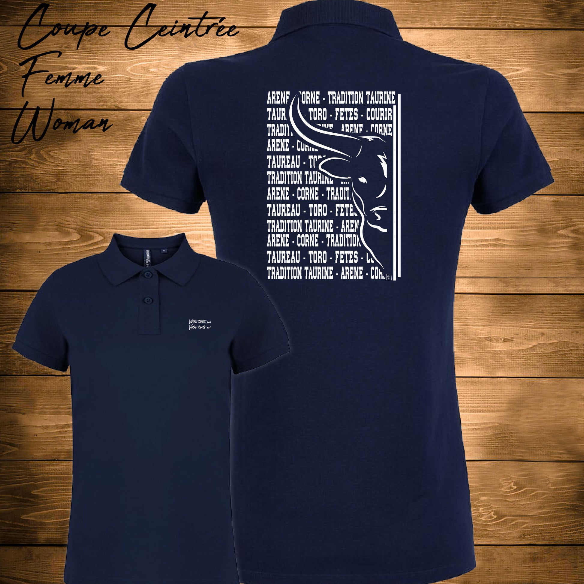 Taureau, tradition taurine, fête votive, graphisme sur polo bleu femme à personnaliser avec un texte. Création Virginie Linard ©.