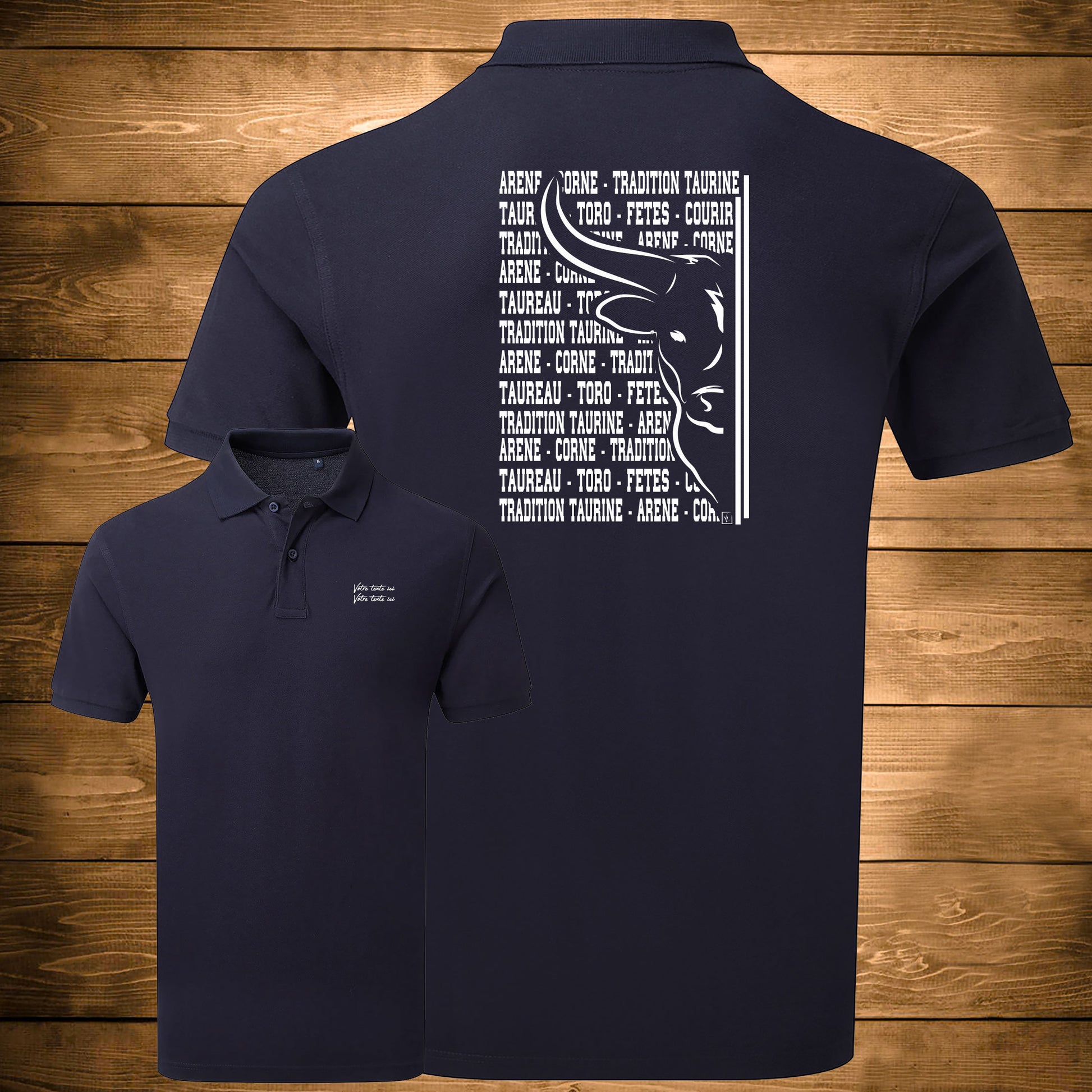 Taureau, tradition taurine, fête votive, graphisme sur polo bleu homme à personnaliser avec un texte. Création Virginie Linard ©.