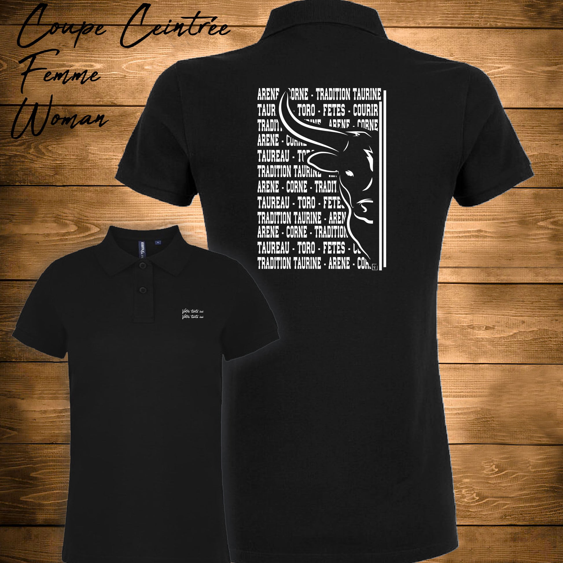 Taureau, tradition taurine, fête votive, graphisme sur polo blanc femme à personnaliser avec un texte. Création Virginie Linard ©.