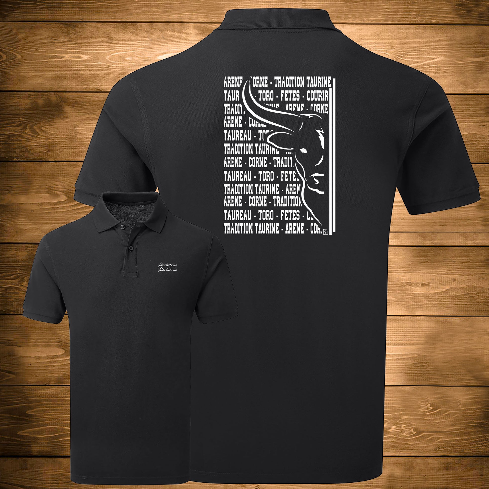Taureau, tradition taurine, fête votive, graphisme sur polo noir homme à personnaliser avec un texte. Création Virginie Linard ©.