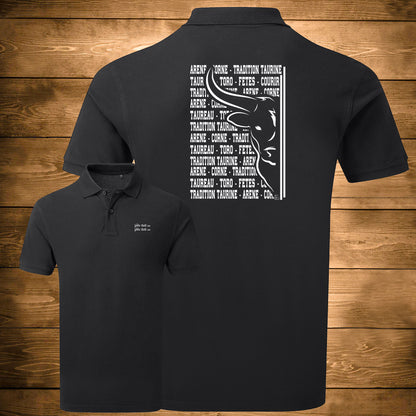 Taureau, tradition taurine, fête votive, graphisme sur polo noir homme à personnaliser avec un texte. Création Virginie Linard ©.