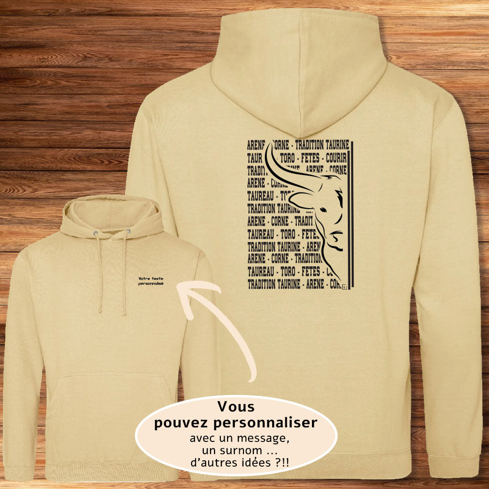 Taureau, corrida, tauromachie, graphisme sur sweat-shirt à personnaliser avec un texte. Création Virginie Linard ©.