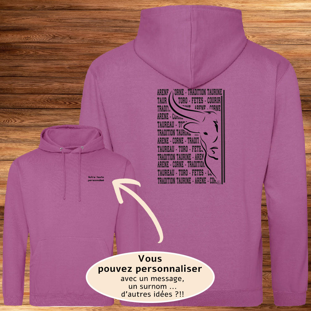 Taureau, corrida, tauromachie, graphisme sur sweat-shirt à personnaliser avec un texte. Création Virginie Linard ©.