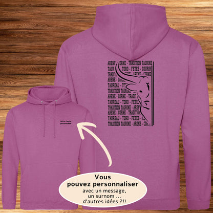 Taureau, corrida, tauromachie, graphisme sur sweat-shirt à personnaliser avec un texte. Création Virginie Linard ©.