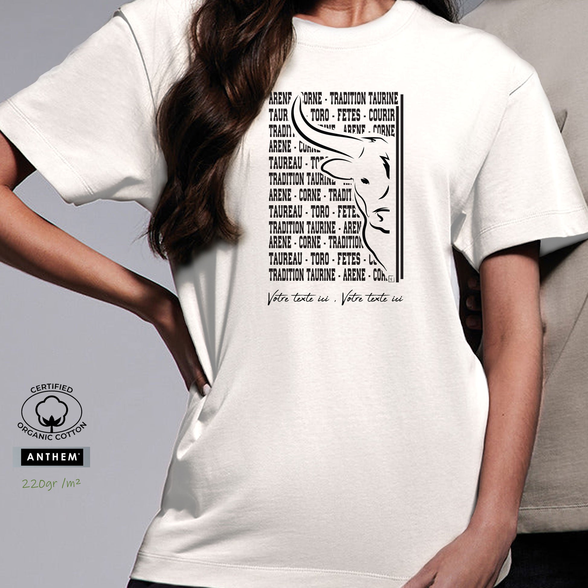 Taureau, tradition taurine, fête votive, bodega, Camargue, graphisme sur T-shirt bio épais 220g à personnaliser avec un texte. Création Virginie Linard ©.